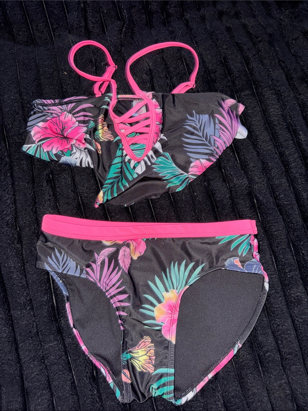 Justice Black Tropical Floral Bikini with Pink Accents